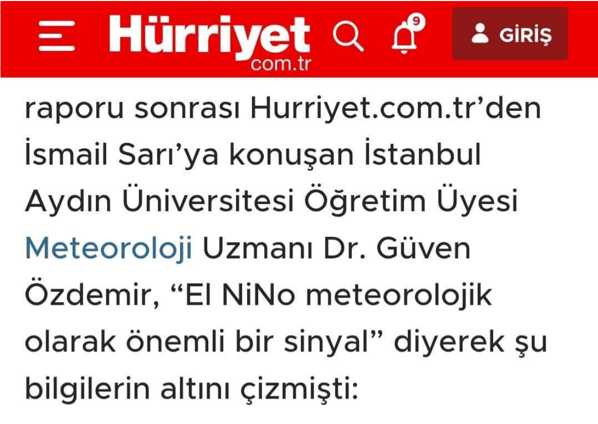 Öğretim Üyemiz Dr. Güven Özdemir, Süper El Niño Olasılığını ve Türkiye'ye Etkilerini Değerlendirdi